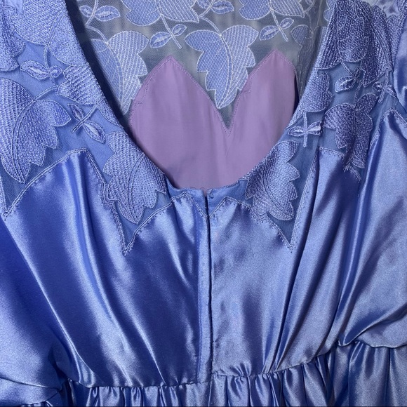 Vintage Handmade Blue Satin Long Sleeve Evening Dress - Picture 4 of 6